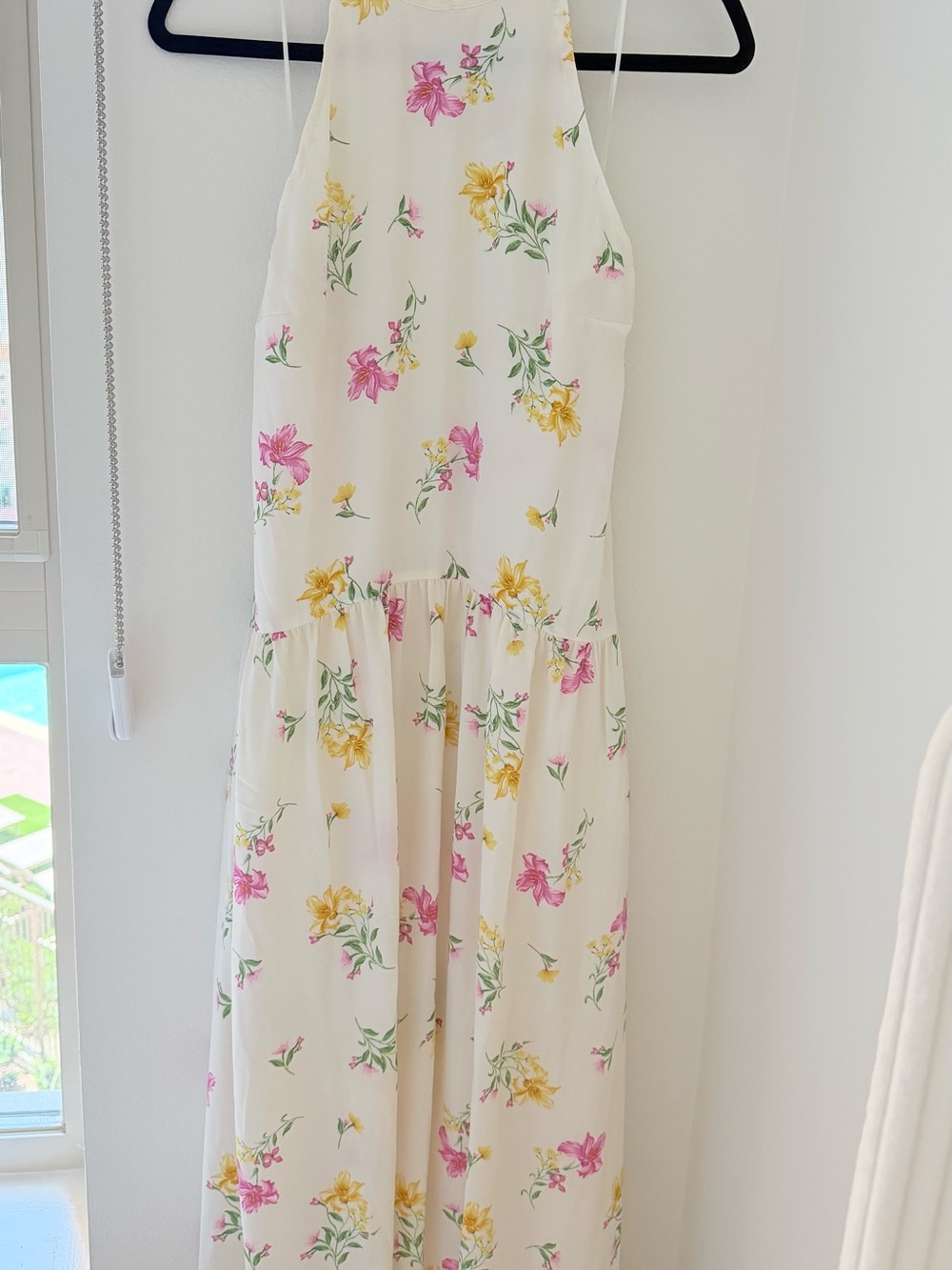 Cream Floral Halter Maxi Dress with Pink & Yellow Blooms